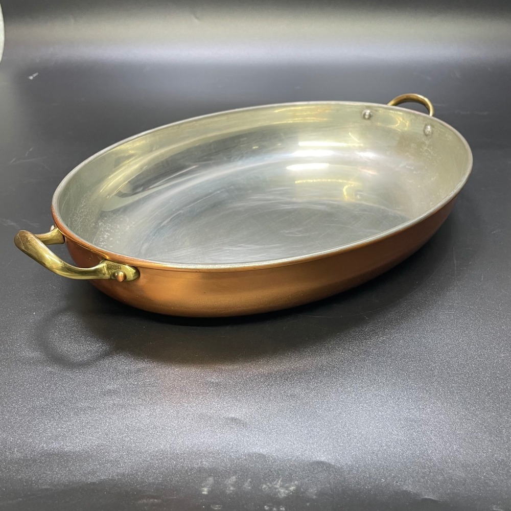 VTG Copper Oval Roasting Pan Gratin Dish Brass Handles 14" Copper French Country